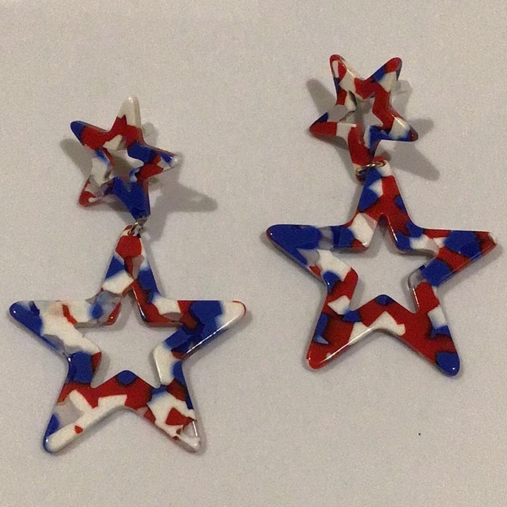 Patriotic Star Earrings Dangle Red White & Blue NEW